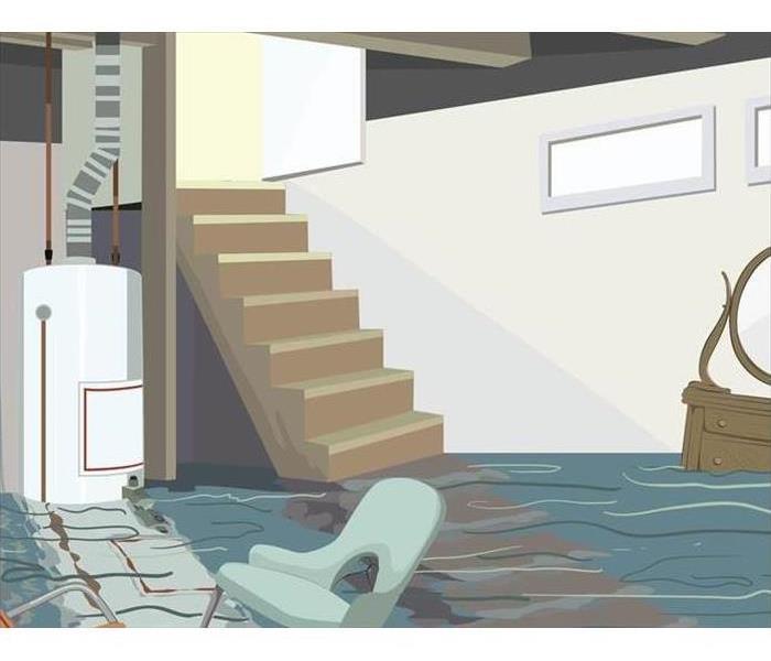 Drawing of a flooded basement with standing water.